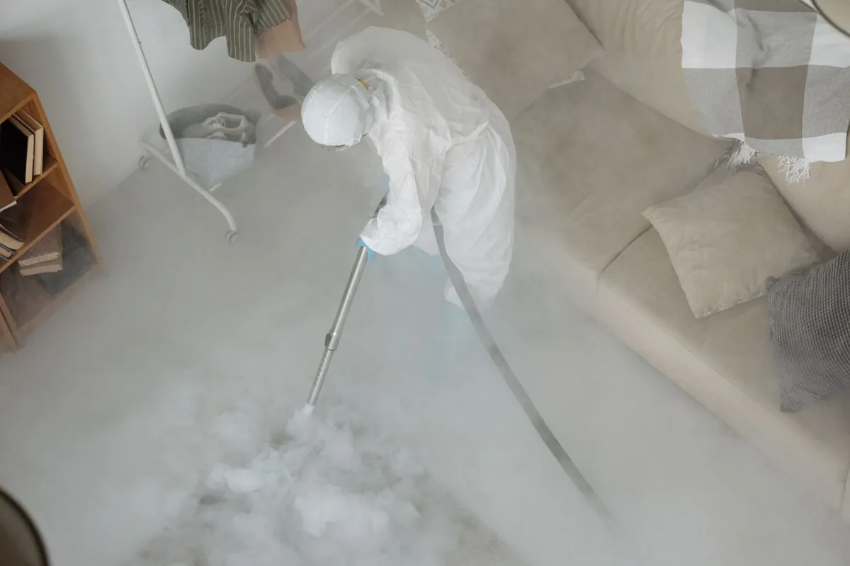 Biohazard cleanup technician in protective equipment, Gadsden, SC